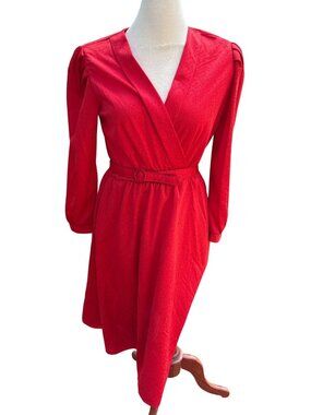 Vintage Red Cotton Dress Belted Waist & Puff Long Sleeve Made In USA Size Medium